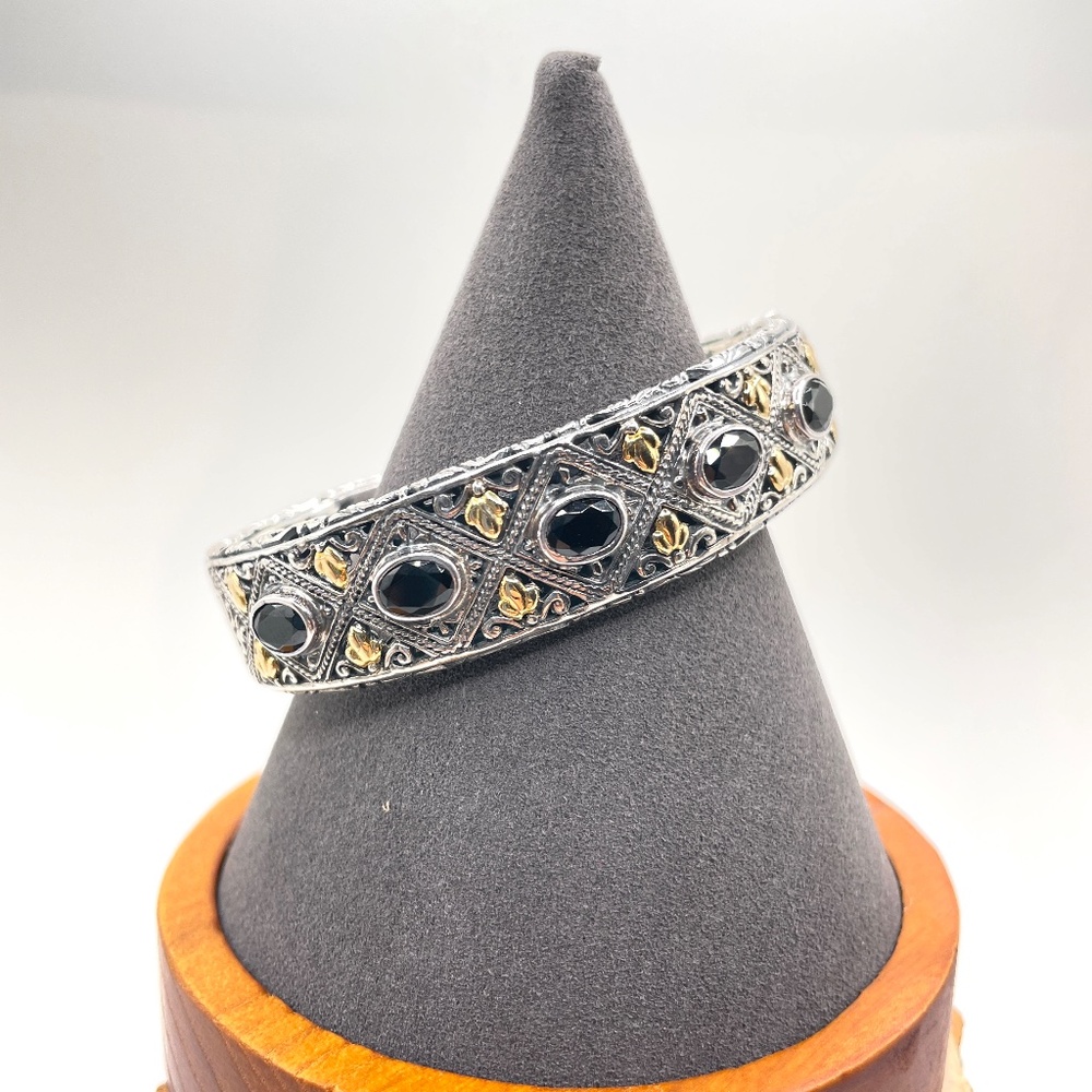 Robert Manse Signed 925 Sterling Silver 18K Onyx Cuff Bangle Bracelet